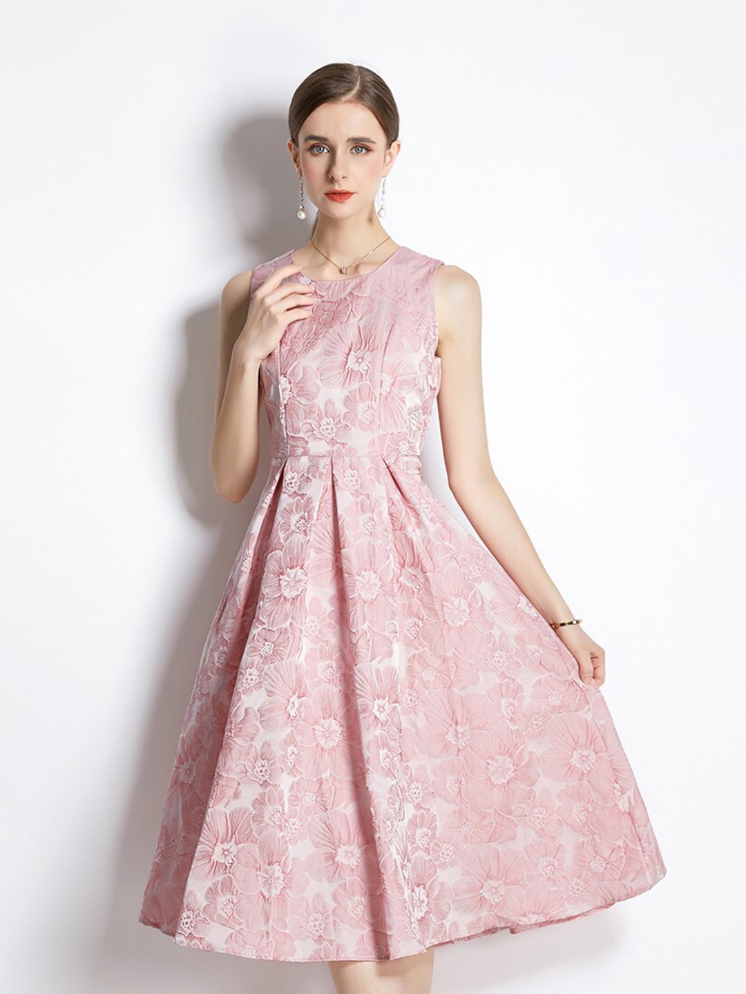 

JC Collection Pink & Off White Printed Floral Pleated Midi Dress