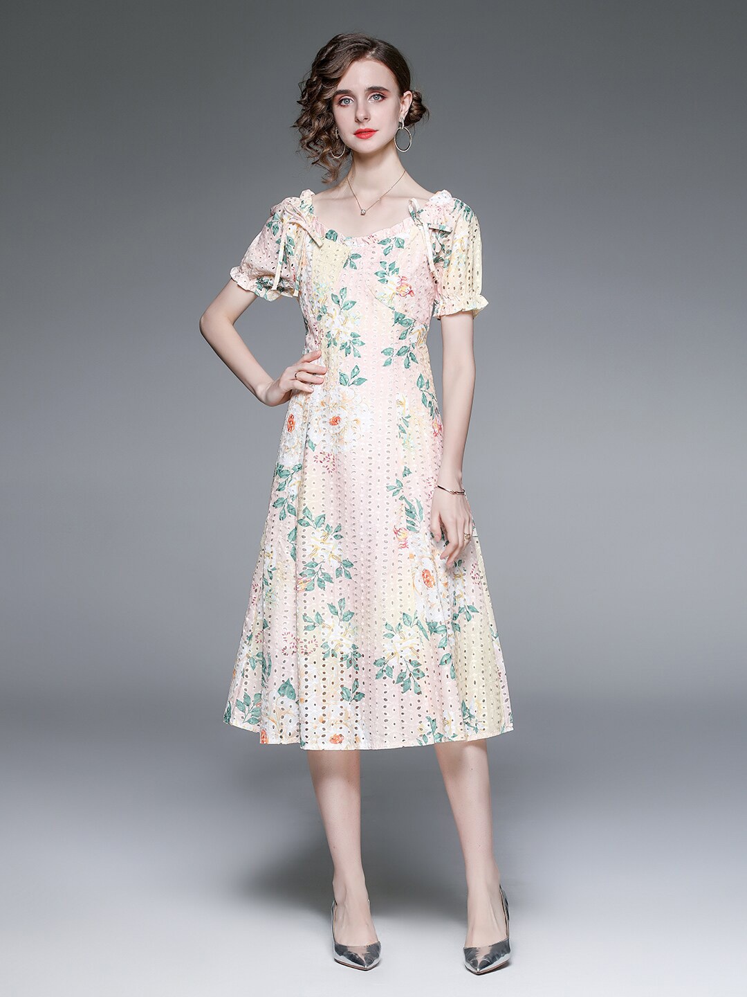 

JC Collection Yellow & Peach-Coloured Floral Off-Shoulder A-Line Midi Dress