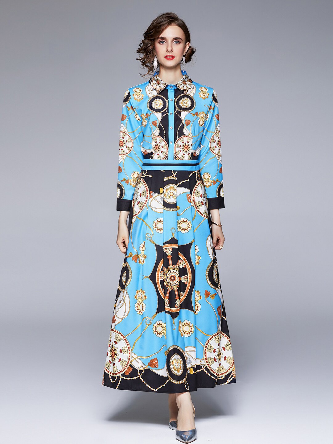 

JC Collection Blue & Gold-Toned Printed Maxi Dress