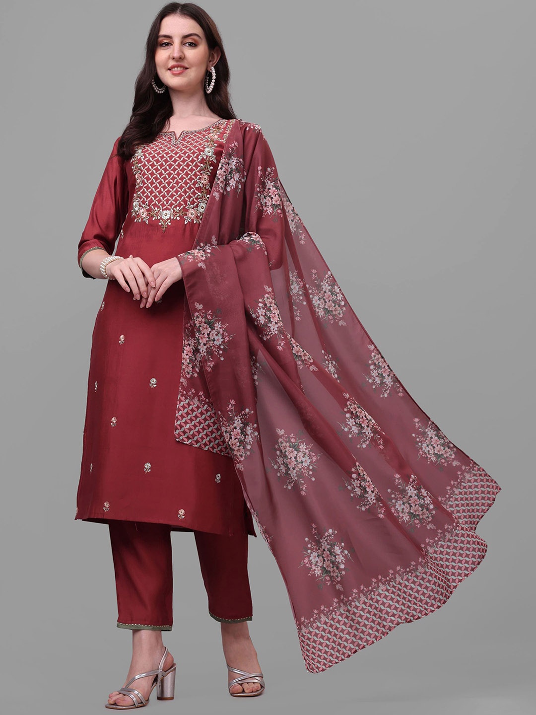 

Berrylicious Women Rust Brown Embroidered Chanderi Cotton Kurta with Trousers & Dupatta
