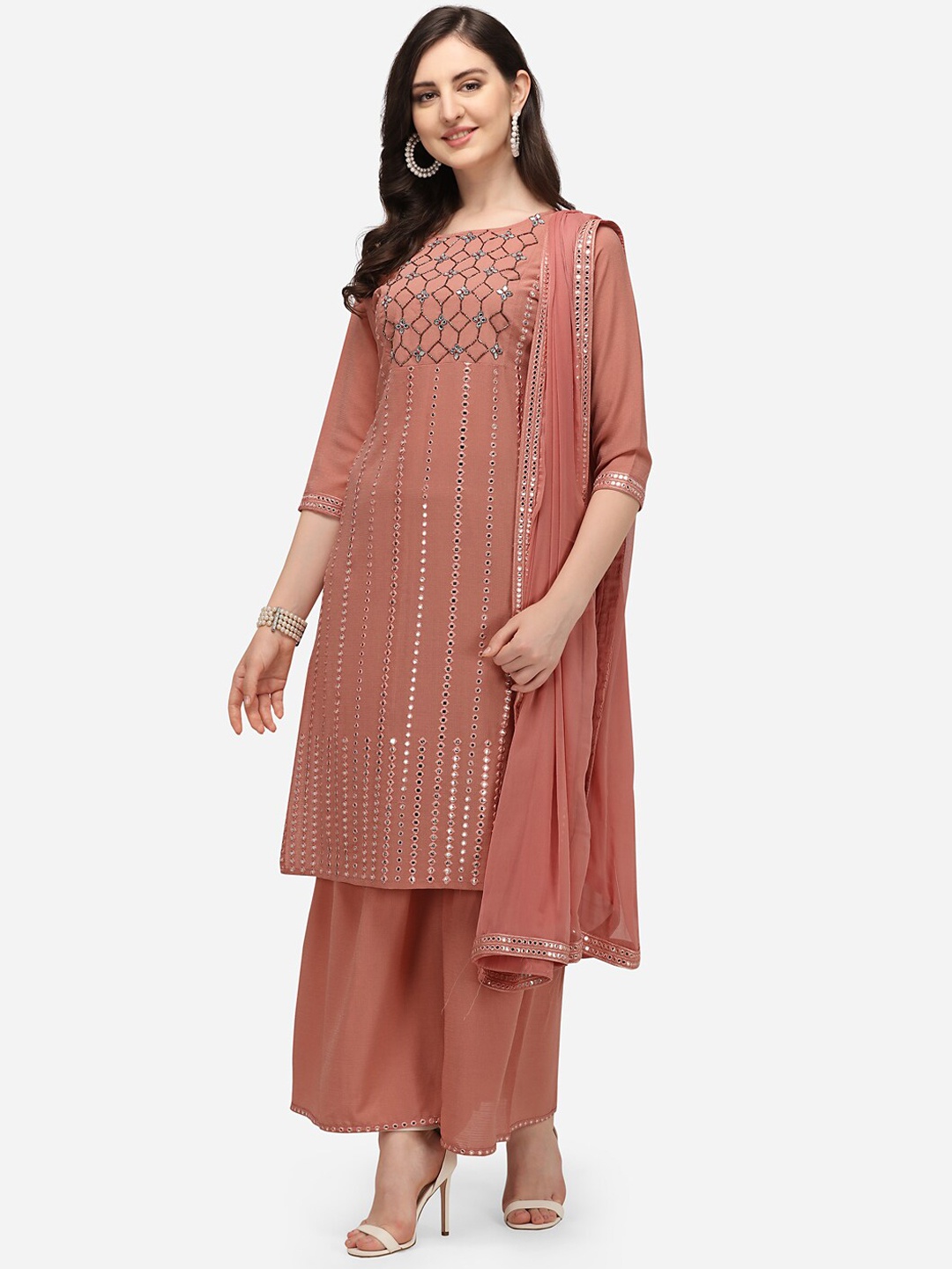 

Berrylicious Women Rust Embroidered Mirror Work Kurta with Sharara & Dupatta