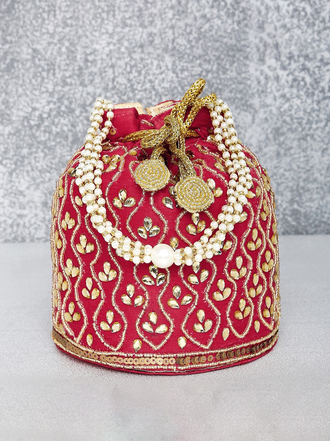 Peora Magenta & Gold-Toned Embellished Potli Clutch