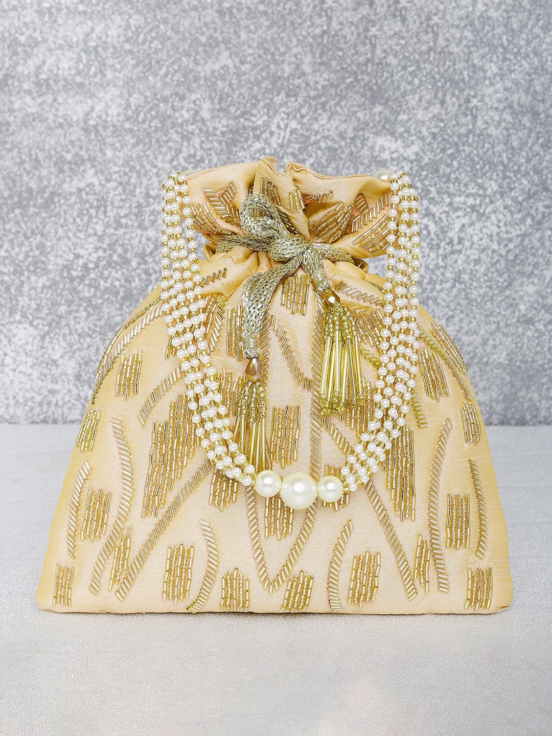 

Peora Gold-Toned & Cream-Coloured Embellished Potli Clutch