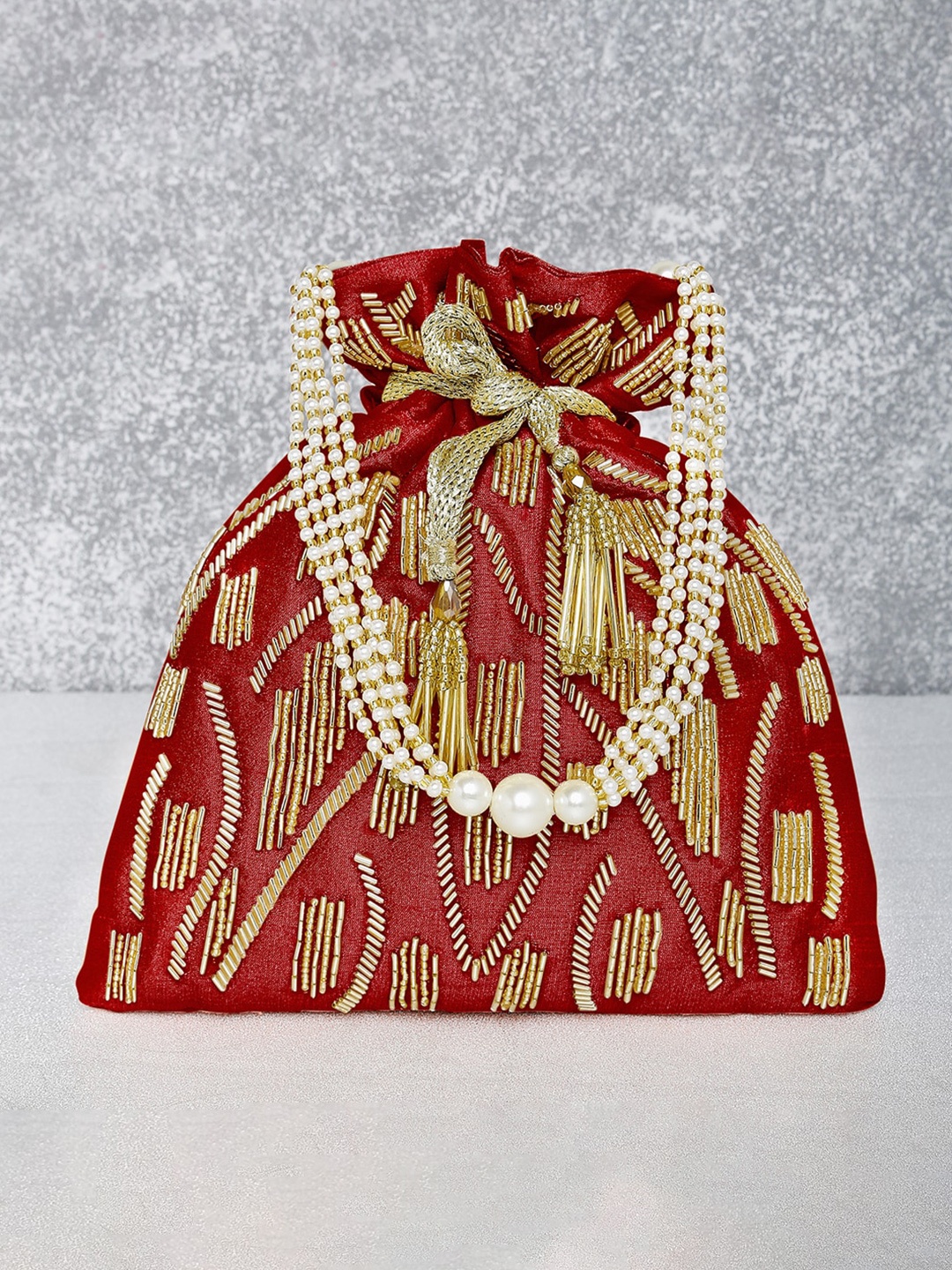 

Peora Red & Gold-Toned Embellished Potli Clutch