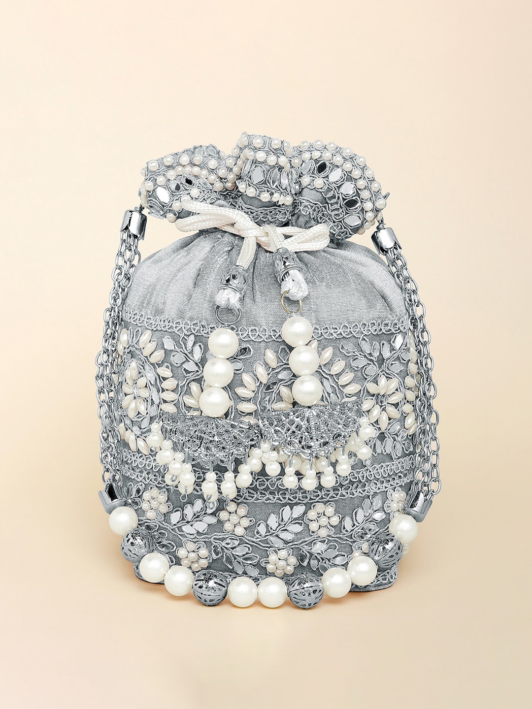 

Peora Grey & White Embellished Potli Clutch