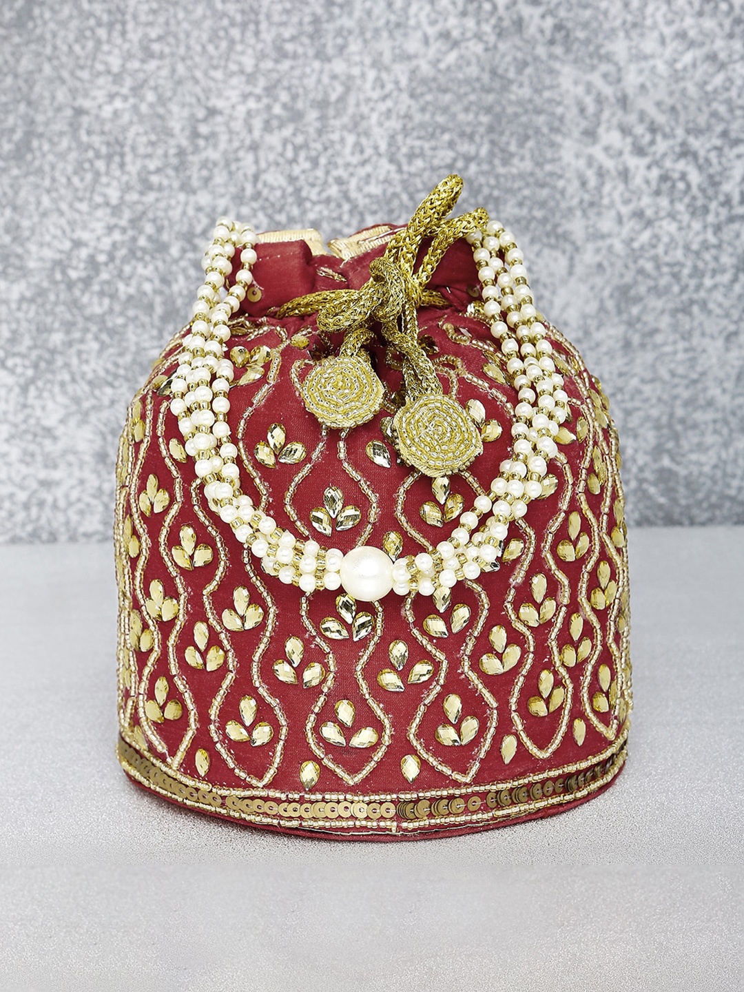 

Peora Maroon & Gold-Toned Embellished Potli Clutch