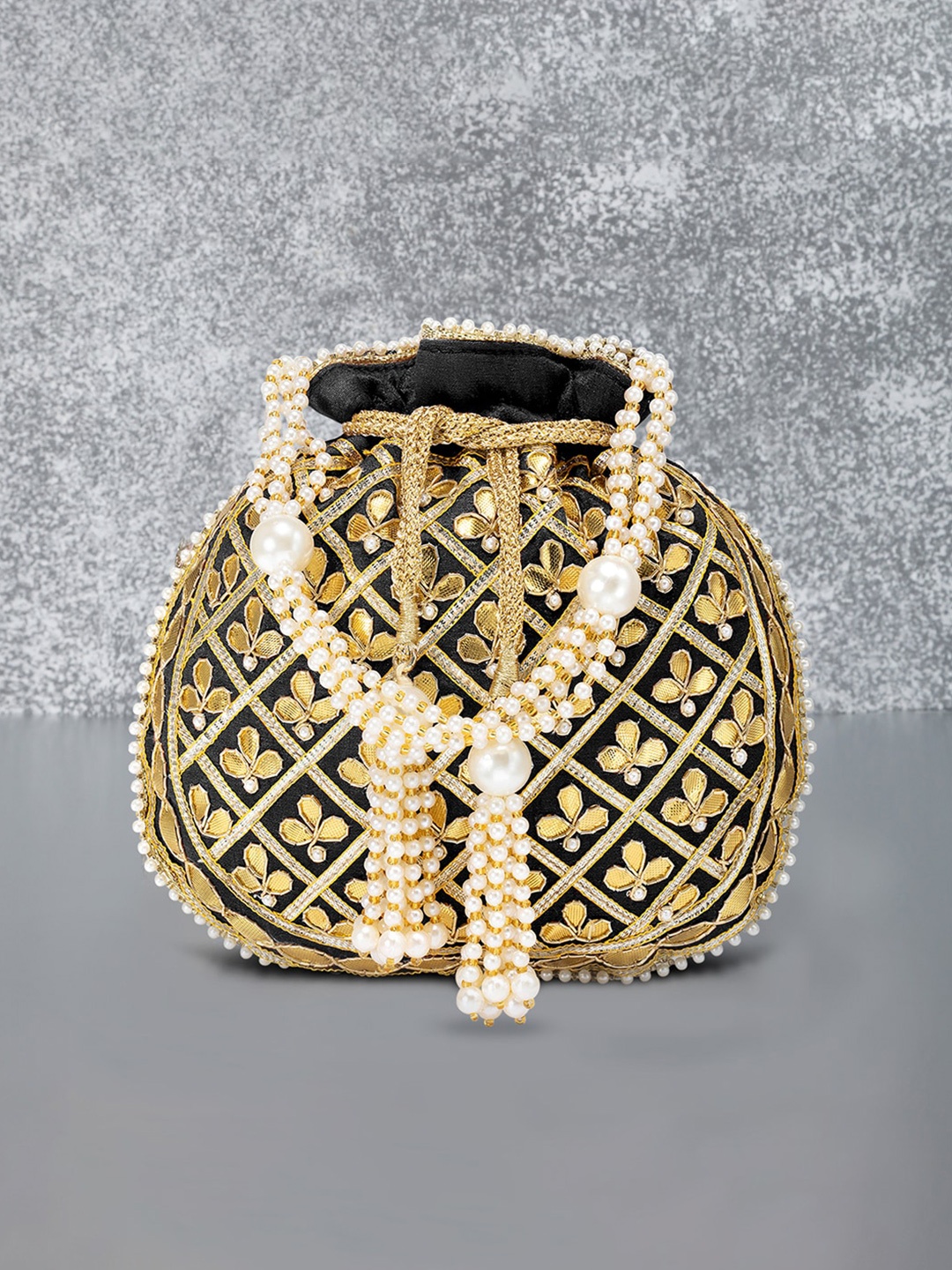 

Peora Black & Gold-Toned Embellished Embellished Potli Clutch