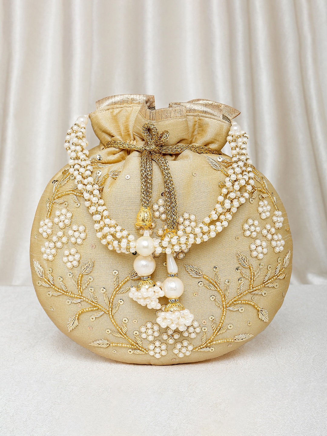 

Peora Gold-Toned & White Embellished Embellished Potli Clutch