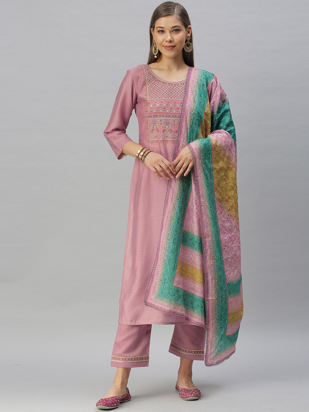 

SheWill Pink Floral Embroidered Kurta with Trousers & Dupatta