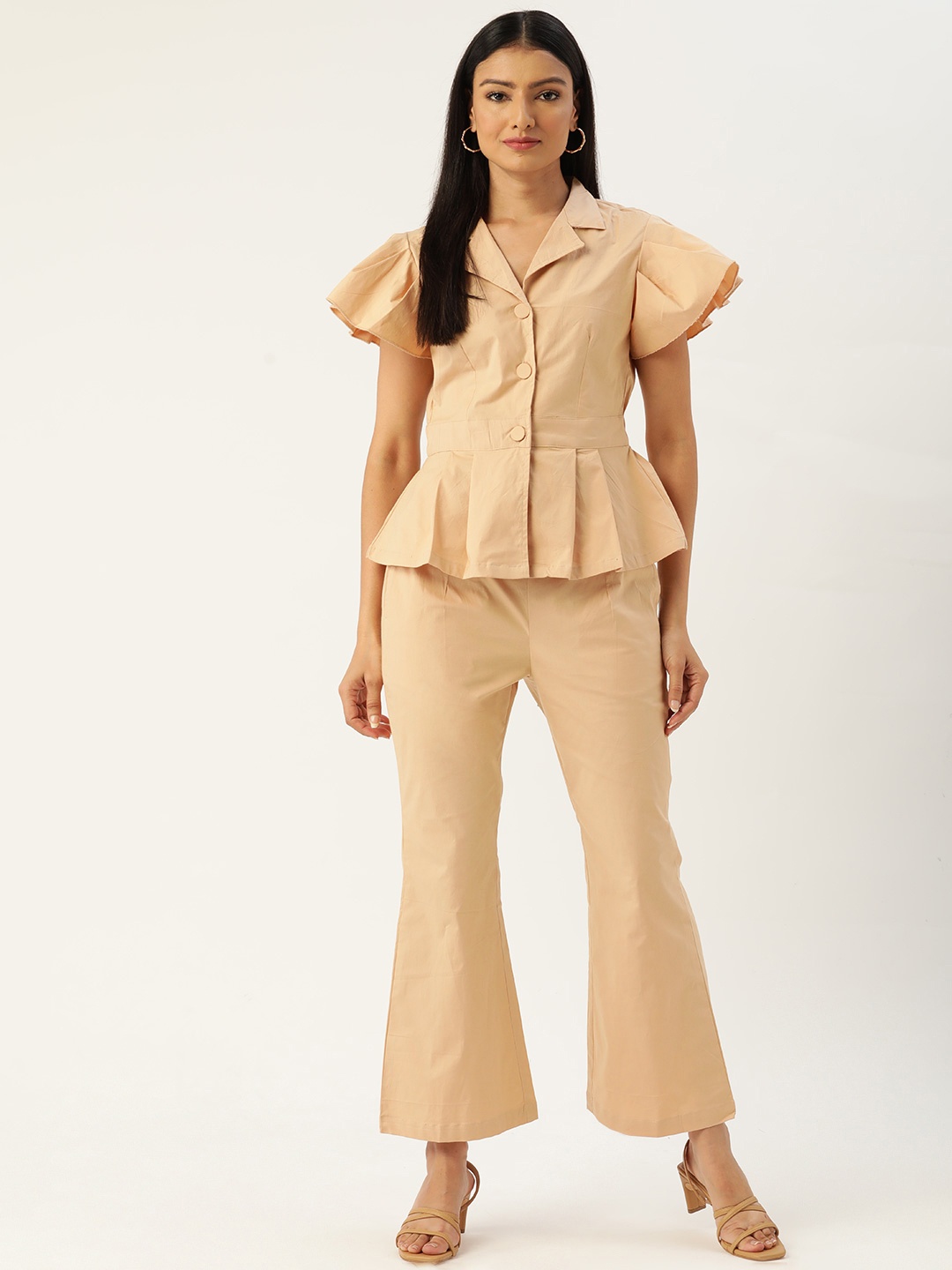 

MISRI Women Solid Top With Trousers Set, Beige