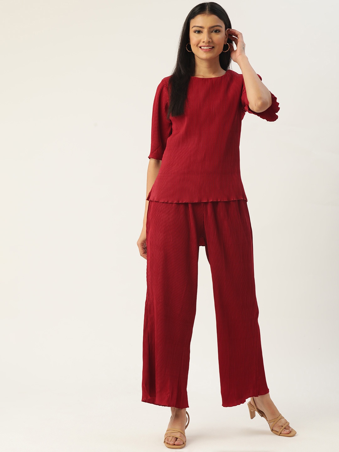 

MISRI Women Pleated Top With Palazzos Set, Red