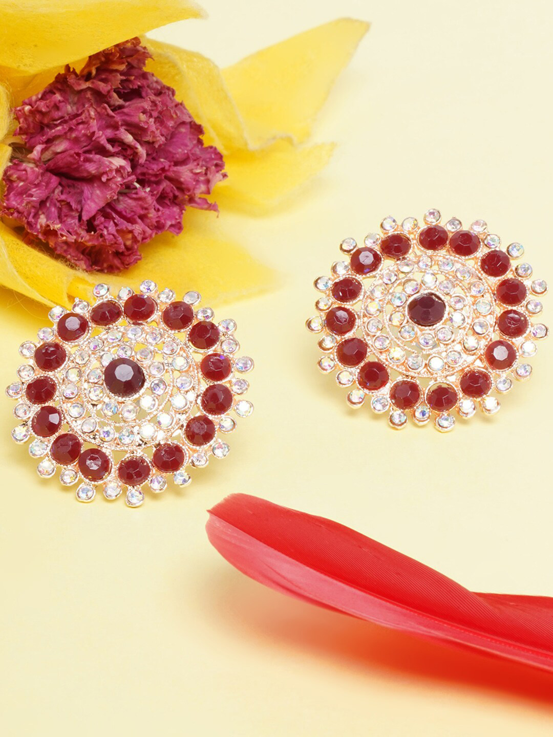 

DIVA WALK Maroon & White Gold-Plated Circular Studs Earrings