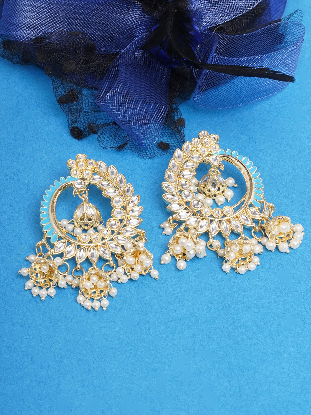 

DIVA WALK White & Turquoise Blue Gold-Plated Kundan Contemporary Chandbalis Earrings