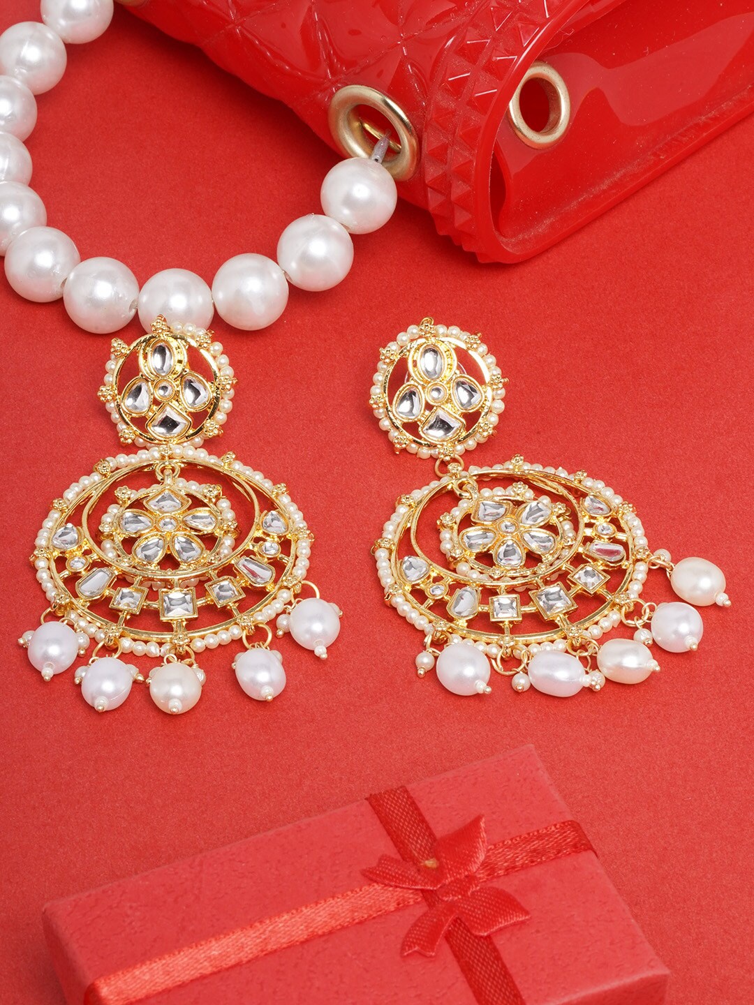 

DIVA WALK White & Gold-Plated Kundan Contemporary Drop Earrings