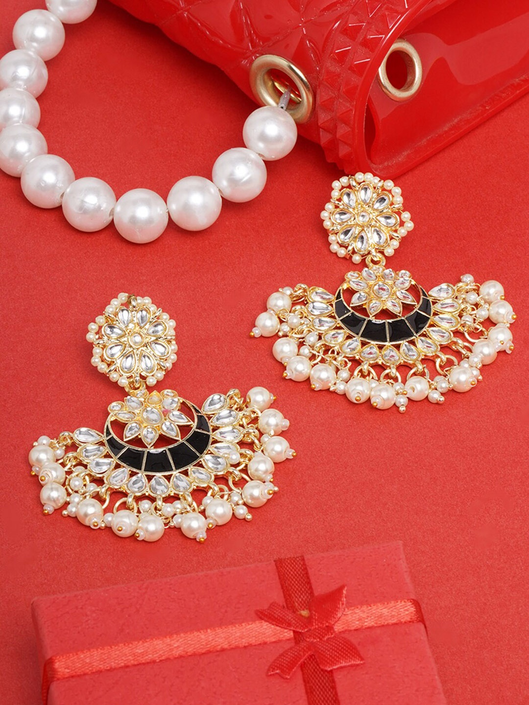 

DIVA WALK White & Black Gold-Plated Kundan Contemporary Chandbalis Earrings