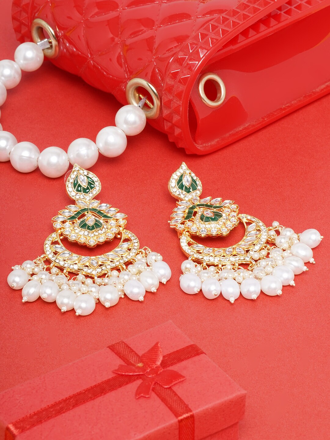 

DIVA WALK White & Green Gold-Plated Kundan Contemporary Chandbalis Earrings