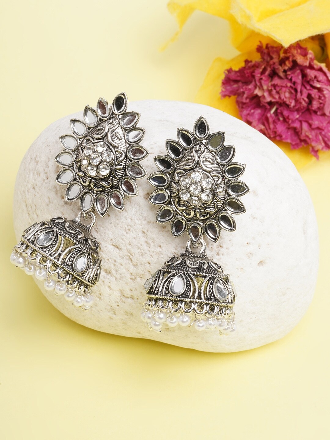 

DIVA WALK White & Silver-Plated Oxidised Contemporary Jhumkas Earrings