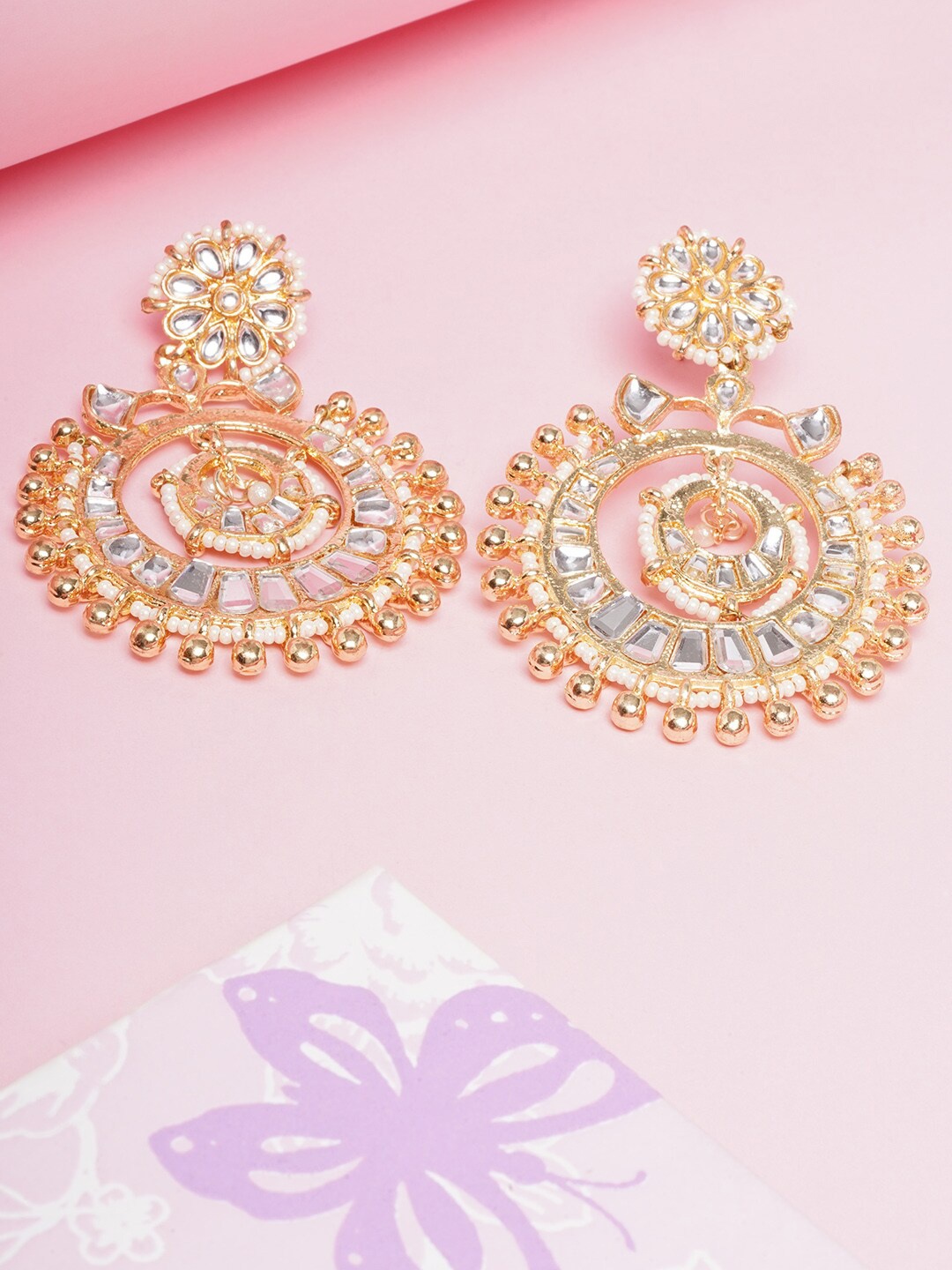 

DIVA WALK White & Gold-Plated Kundan Contemporary Chandbalis Earrings