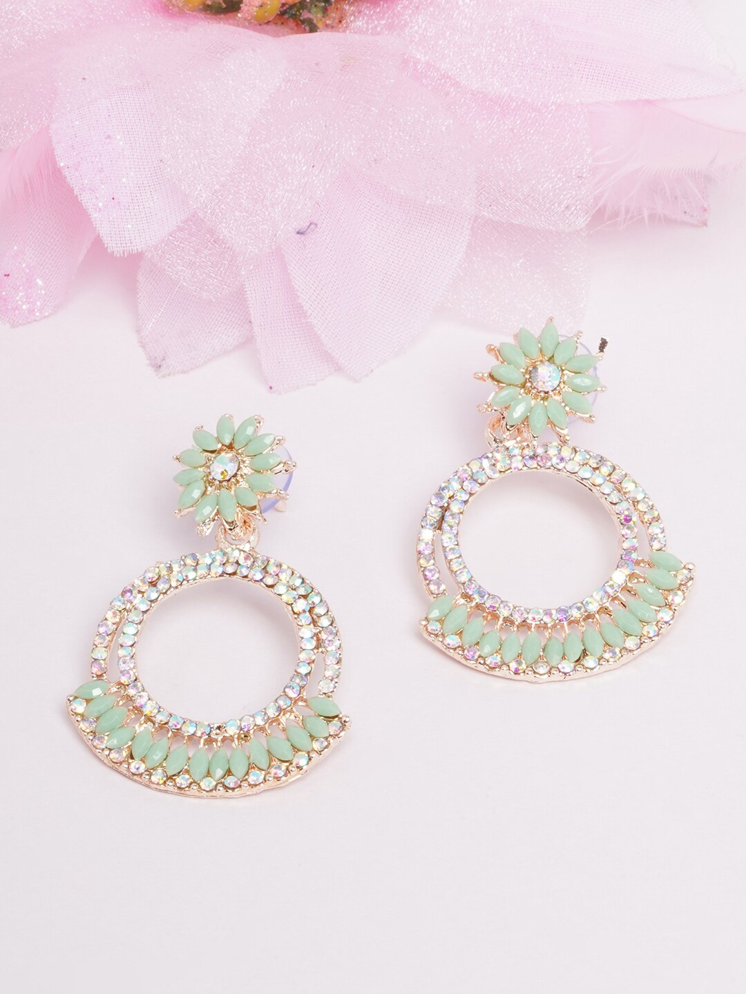 

DIVA WALK Sea Green & White Gold-Plated Kundan Contemporary Drop Earrings