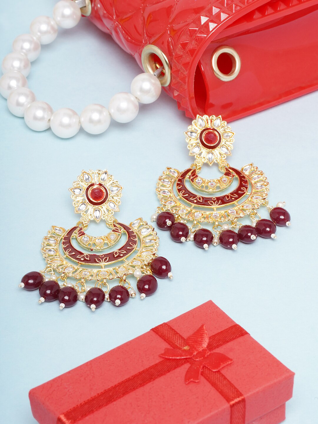 

DIVA WALK Gold-Toned & Maroon Gold-Plated Chandbalis Earrings