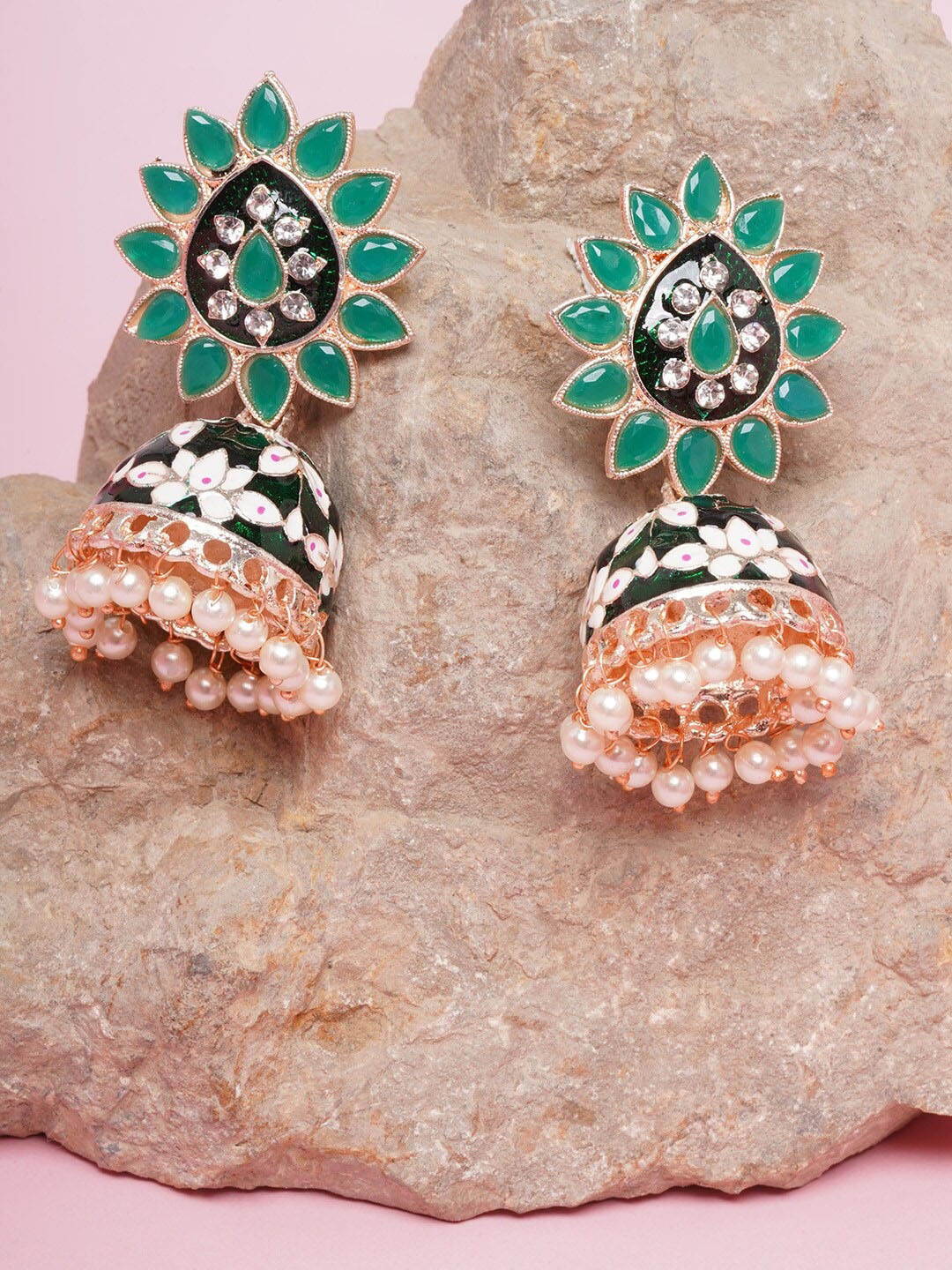 

DIVA WALK Gold-Toned & Green Gold-Plated Dome Shaped Jhumkas Earrings