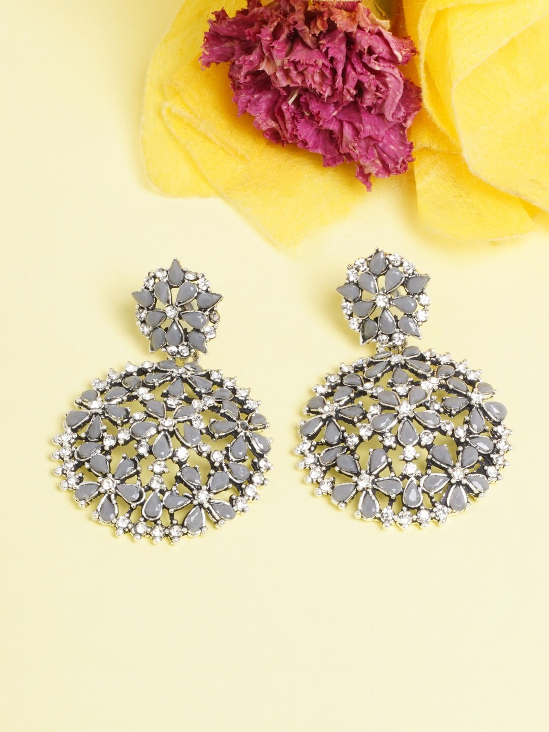 

DIVA WALK Silver-Toned & Grey Silver-Plated Drop Earrings