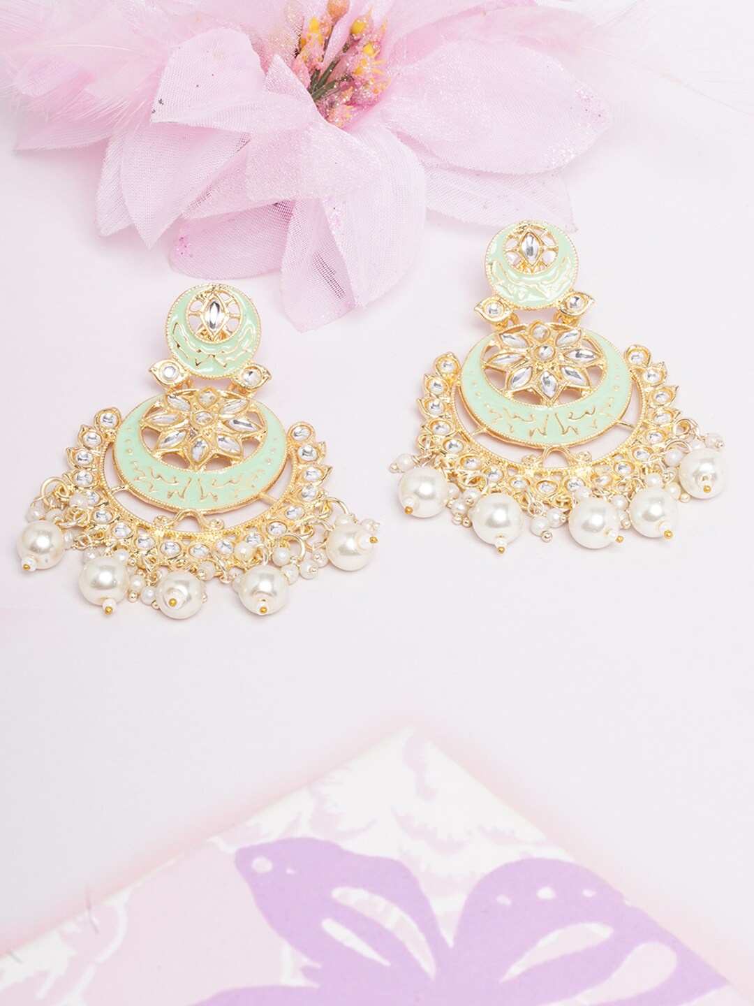 

DIVA WALK Gold-Toned & Sea Green Gold-Plated Chandbalis Earrings