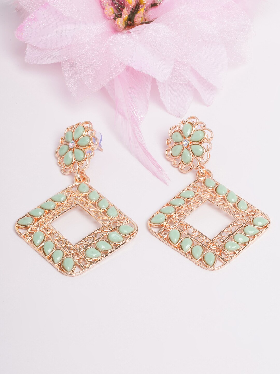 

DIVA WALK Gold-Toned & Sea Green Stone Studded Gold-Plated Drop Earrings