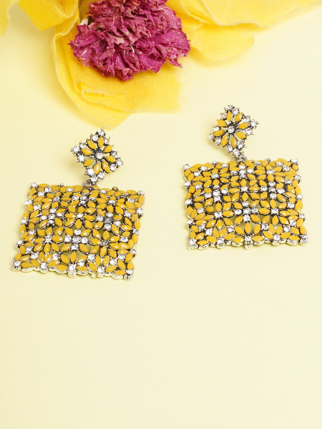 

DIVA WALK Silver-Toned & Yellow Silver-Plated Drop Earrings