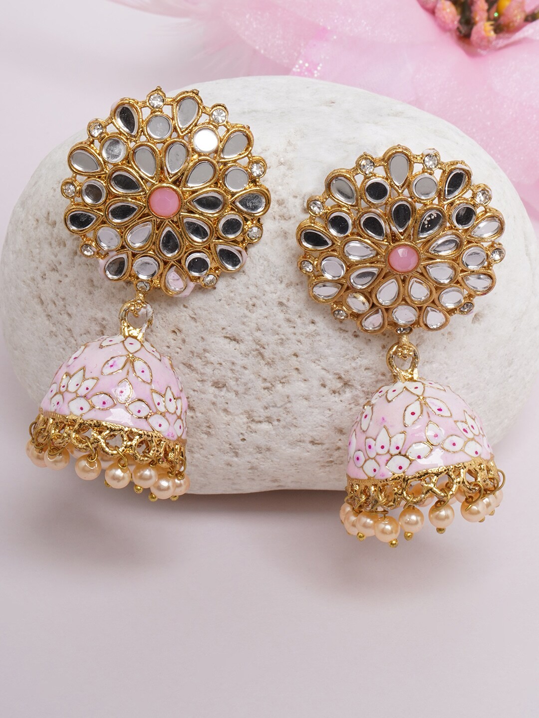 

DIVA WALK Gold-Toned & Pink Gold-Plated Dome Shaped Jhumkas Earrings