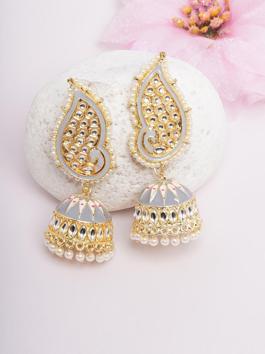 

DIVA WALK Gold-Toned & Grey Contemporary Jhumkas Earrings