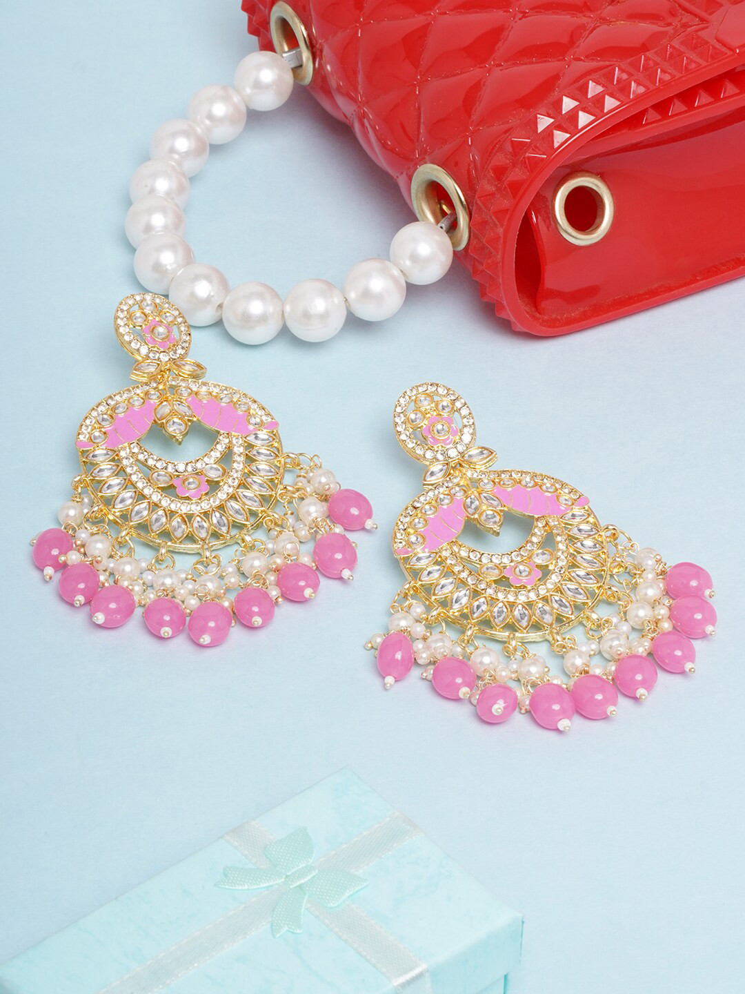 

DIVA WALK Pink & Gold-Toned Contemporary Chandbalis Earrings
