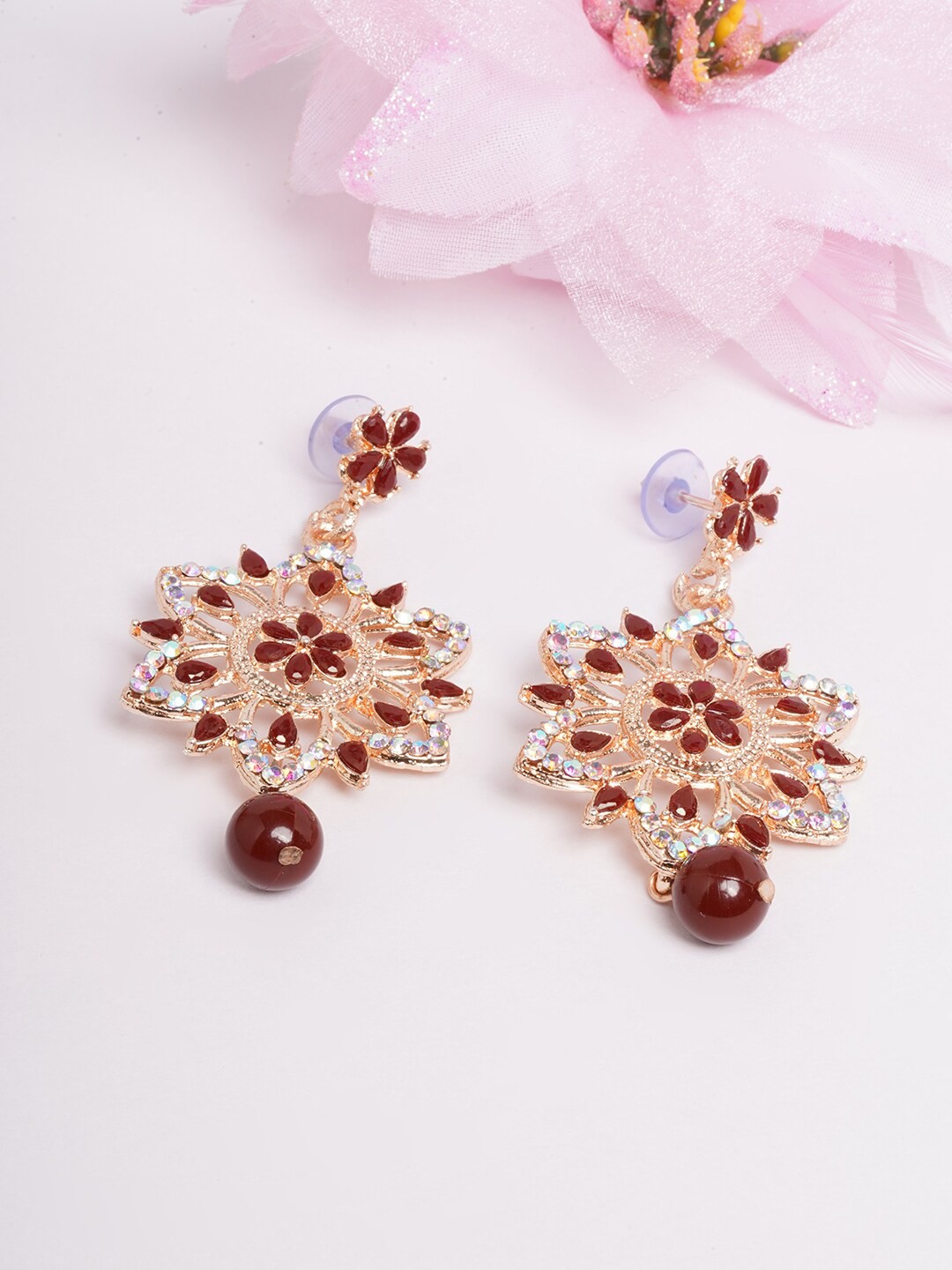 

DIVA WALK Maroon & Gold-Toned Contemporary Drop Earrings
