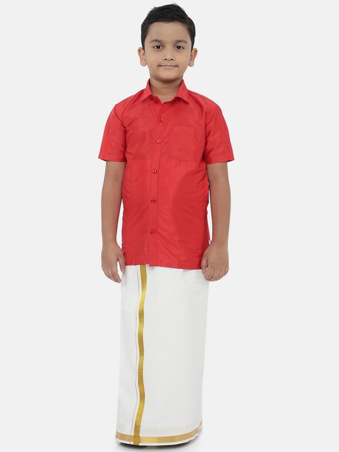 

Ramraj Boys Red & White Pure Cotton Shirt with Dhoti