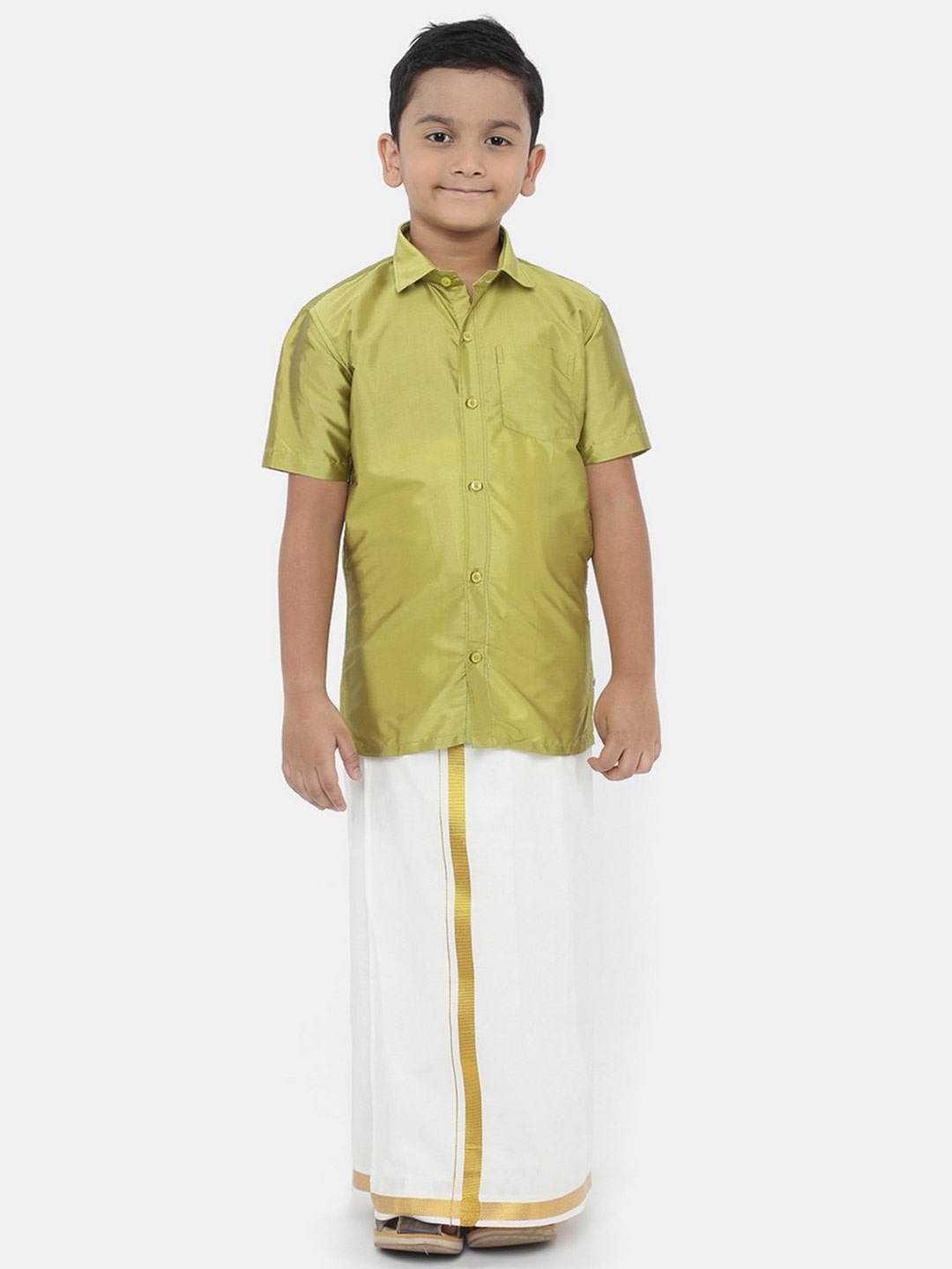 

Ramraj Boys Olive Green & White Shirt with Dhoti