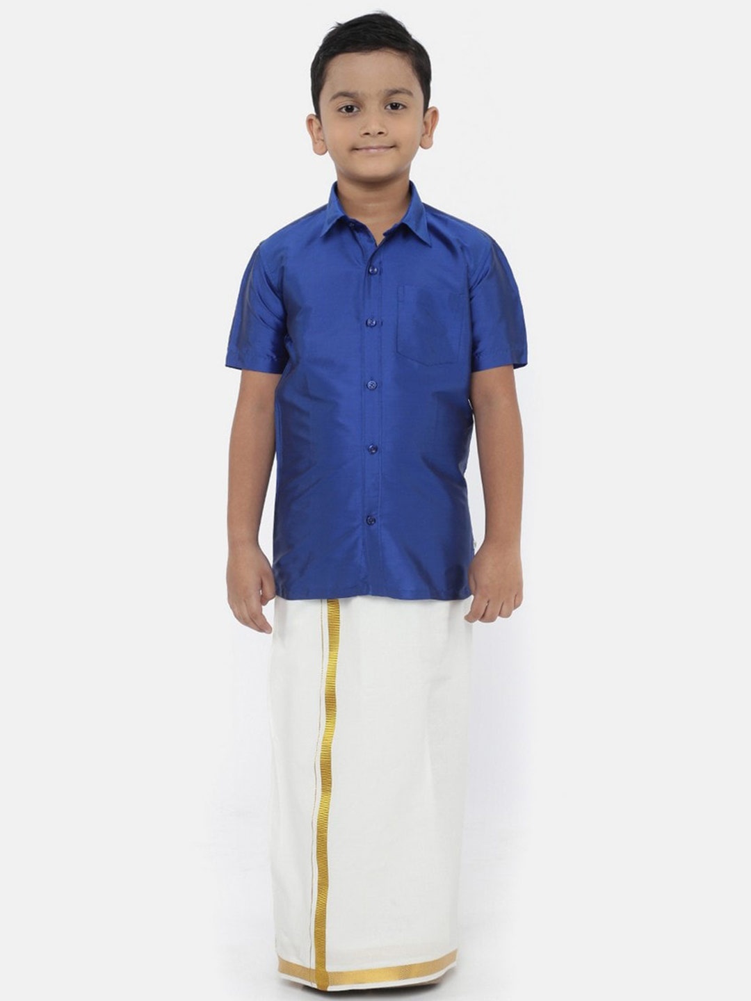 

Ramraj Boys Blue & Gold-Toned Shirt with Dhoti