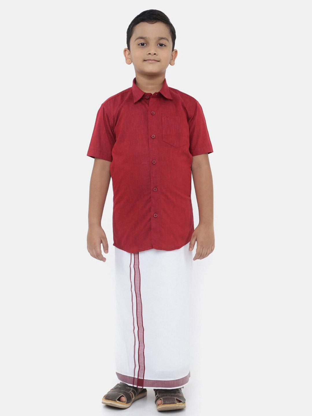

Ramraj Boys Red & White Pure Cotton Shirt with Dhoti