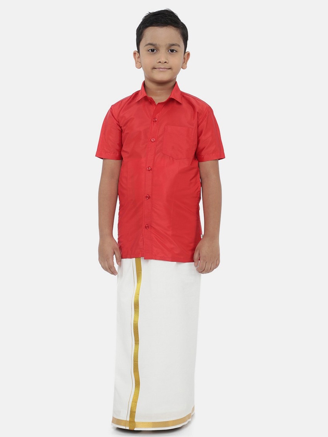 

Ramraj Boys Red & White Pure Cotton Shirt with Dhoti