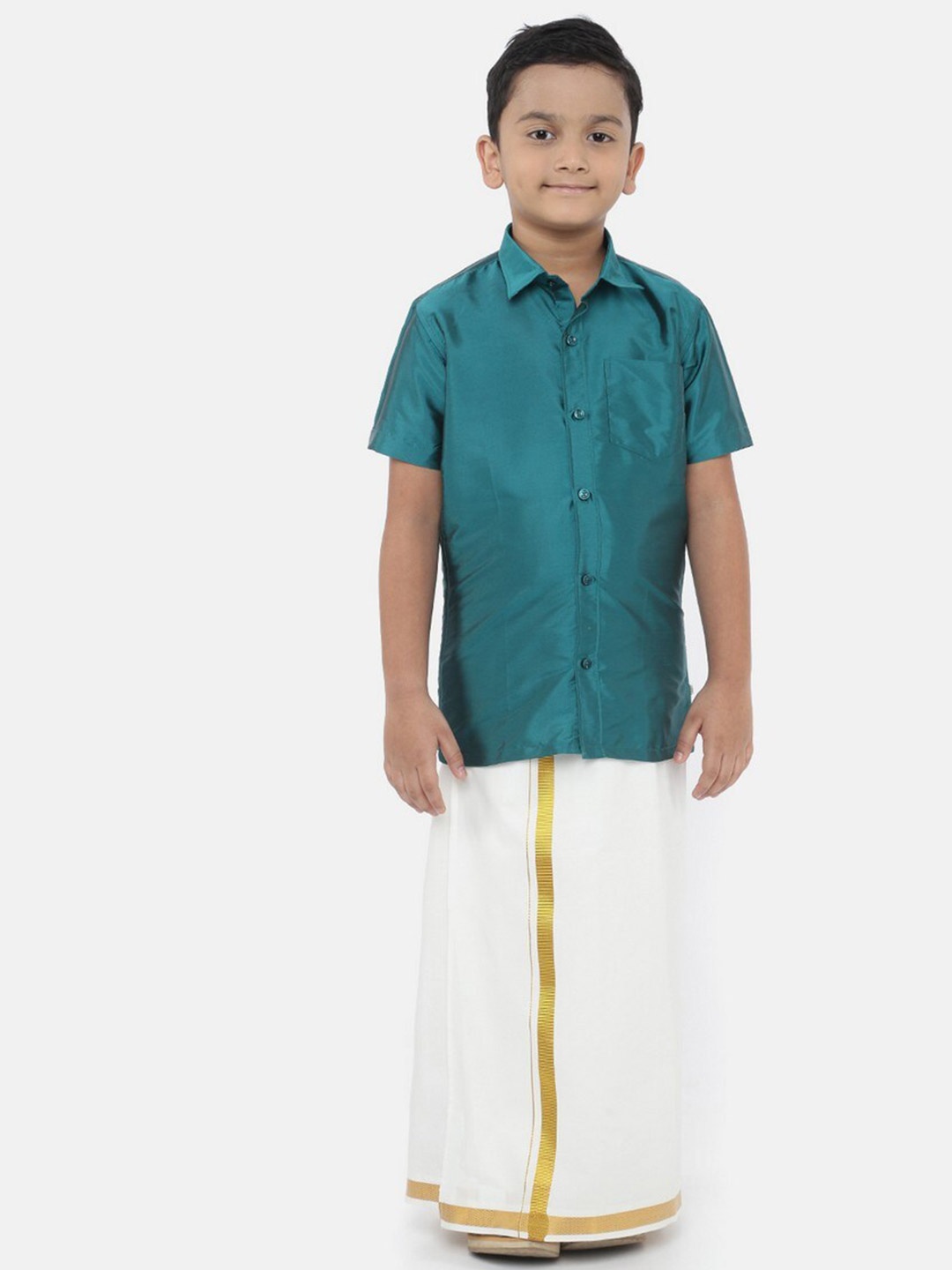 

Ramraj Boys Green & White Shirt with Dhoti