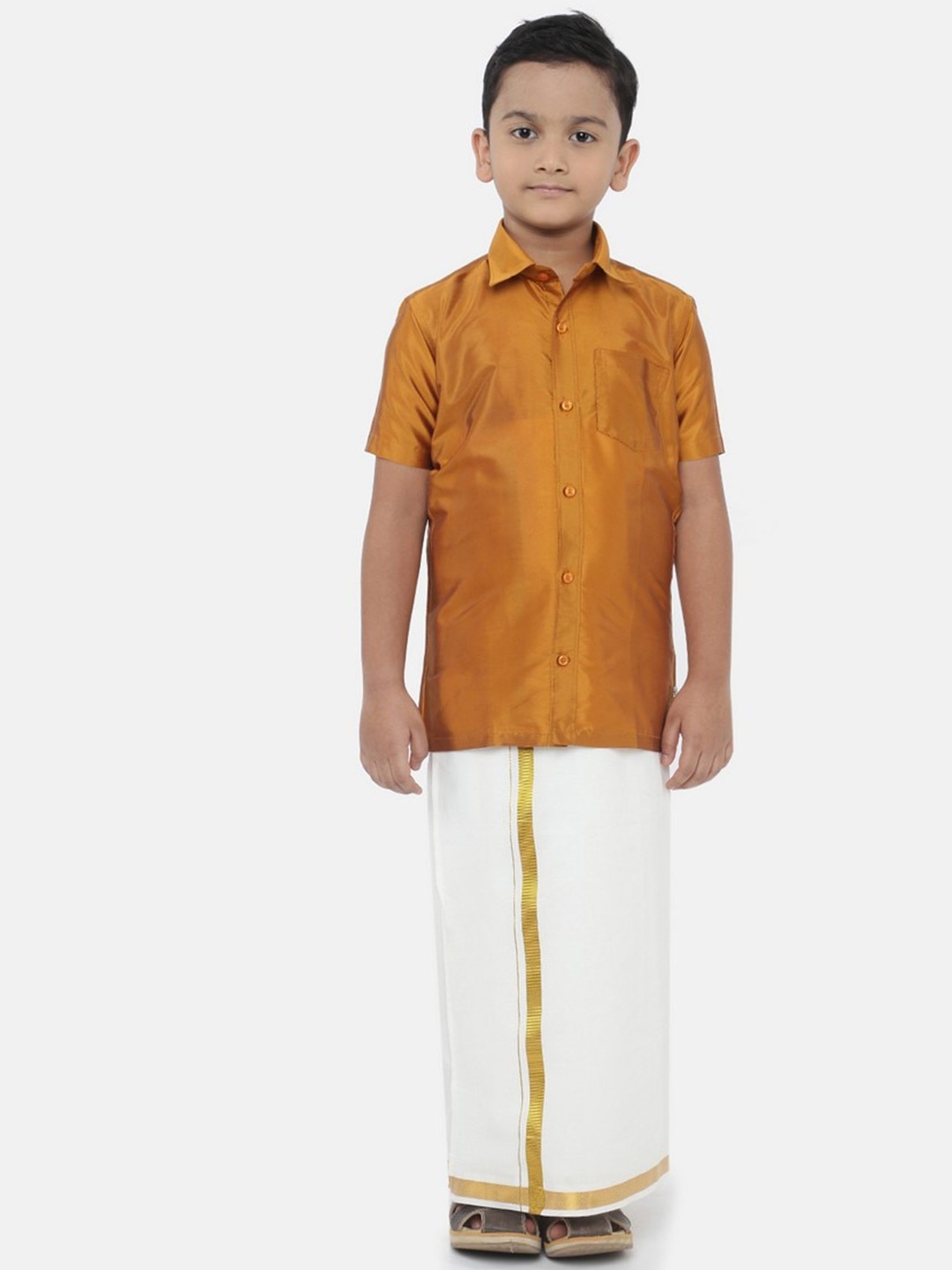 

Ramraj Boys Mustard & White Shirt with Dhoti