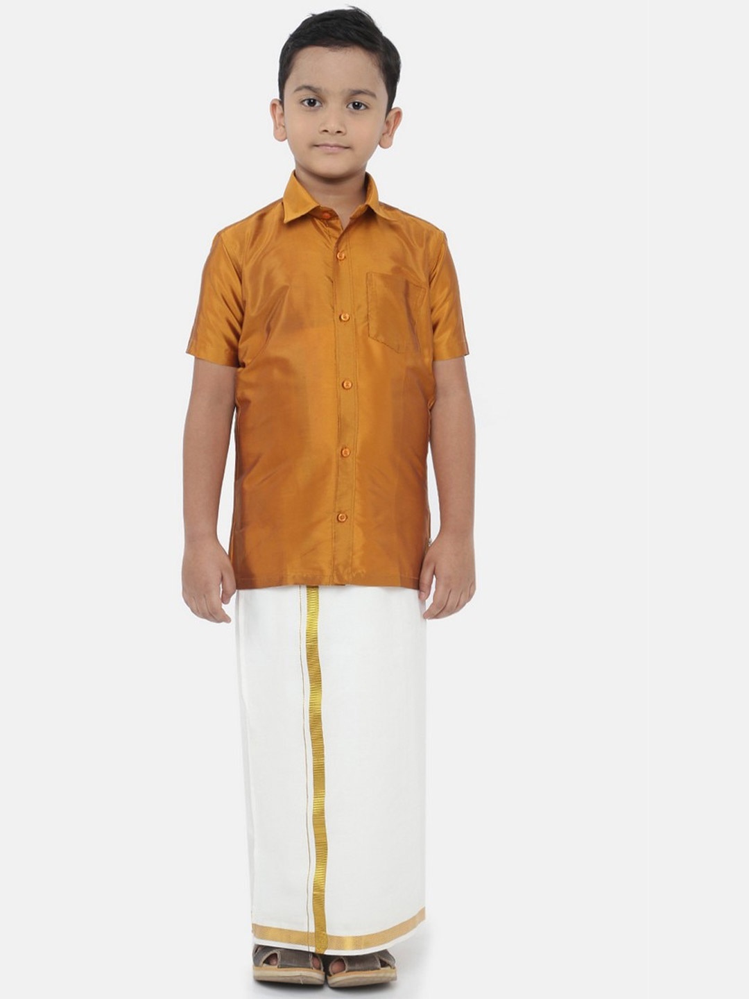 

Ramraj Boys Mustard & White Shirt with Dhoti