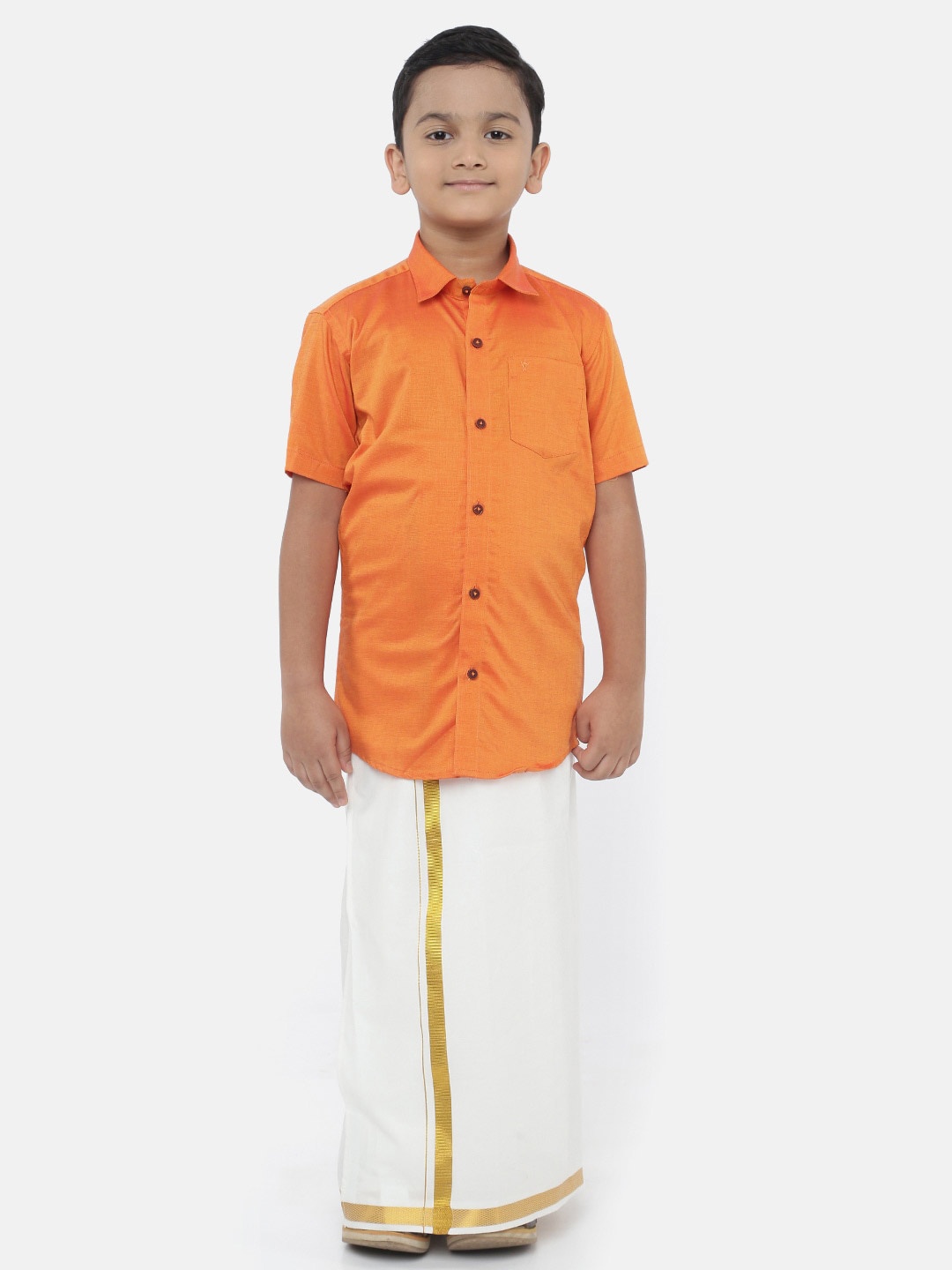 

Ramraj Boys Orange & White Pure Cotton Shirt with Dhoti