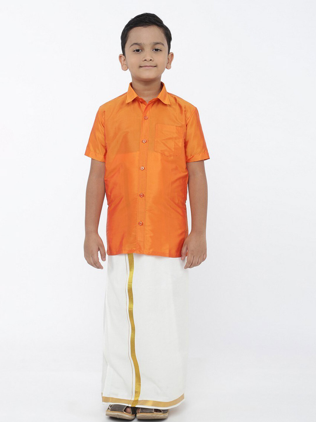

Ramraj Boys Orange & White Shirt with Dhoti
