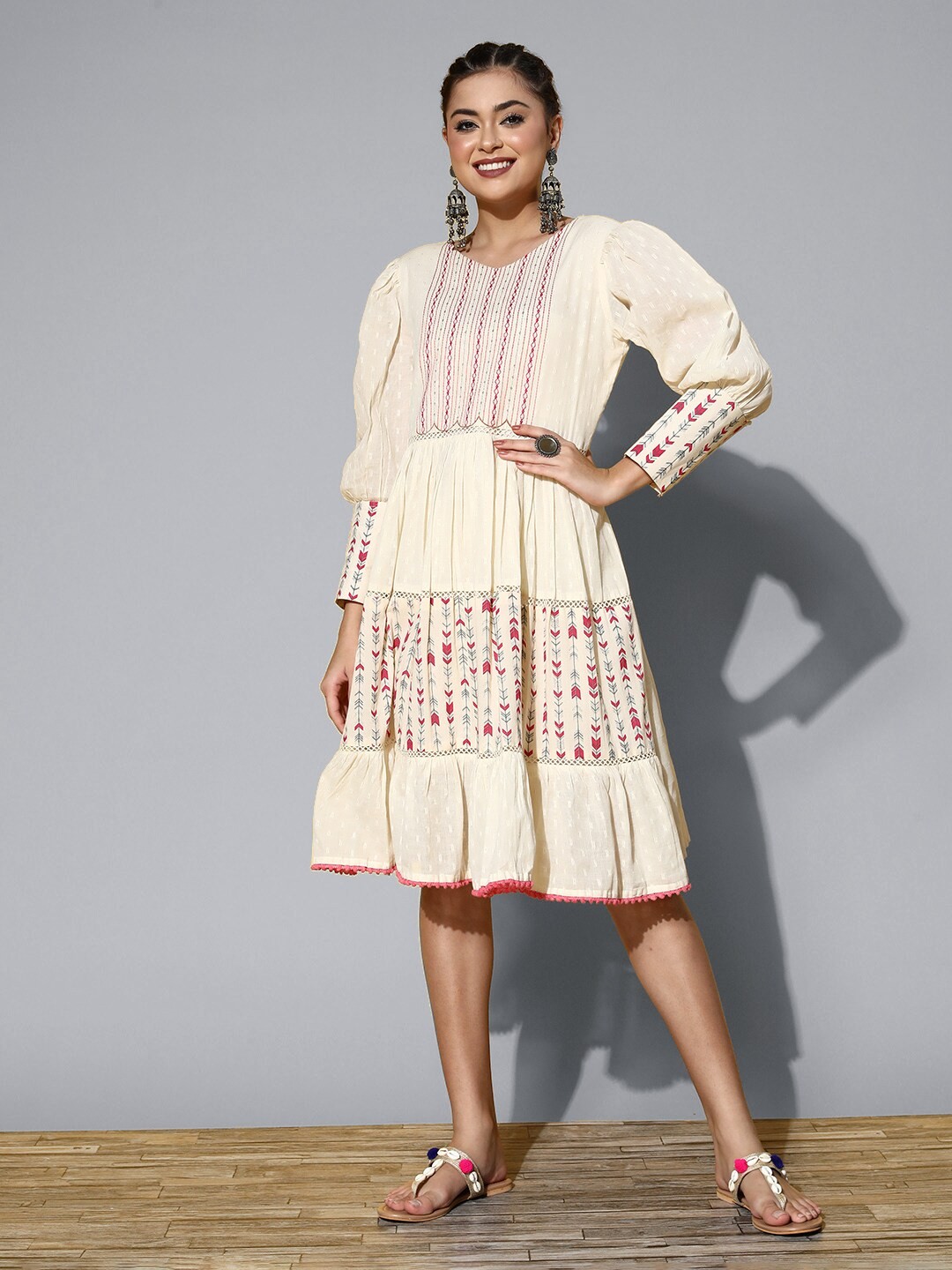 

RAJGRANTH Cream-Coloured Cotton Ethnic A-Line Dress
