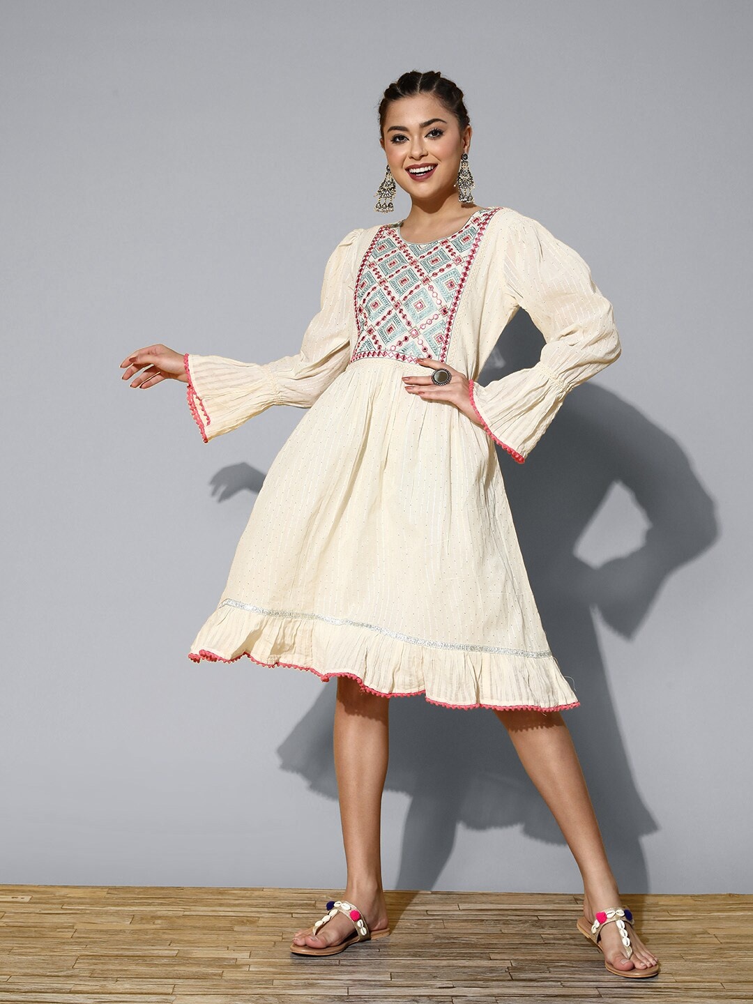 

RAJGRANTH Cream-Coloured Embroidered Cotton A-Line Dress