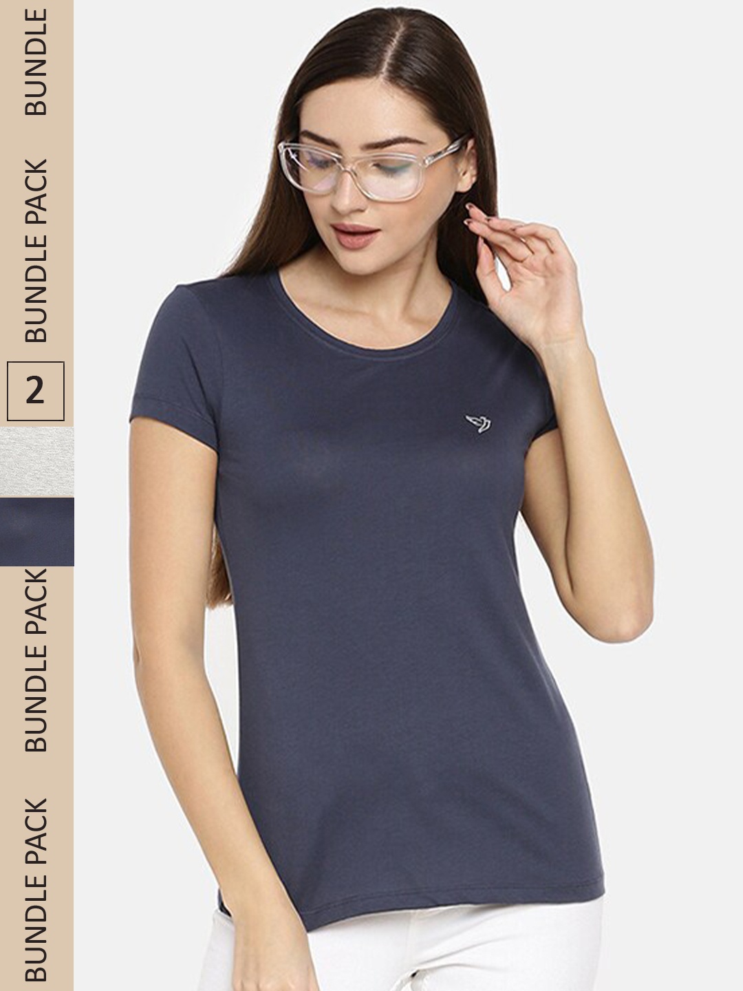 

TWIN BIRDS Women Set of 2 Blue & Grey Round Neck Cotton T-shirt