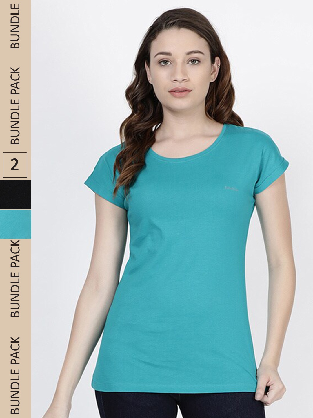 

TWIN BIRDS Women Set of 2 Green & Black Round Neck Pure Cotton T-shirt