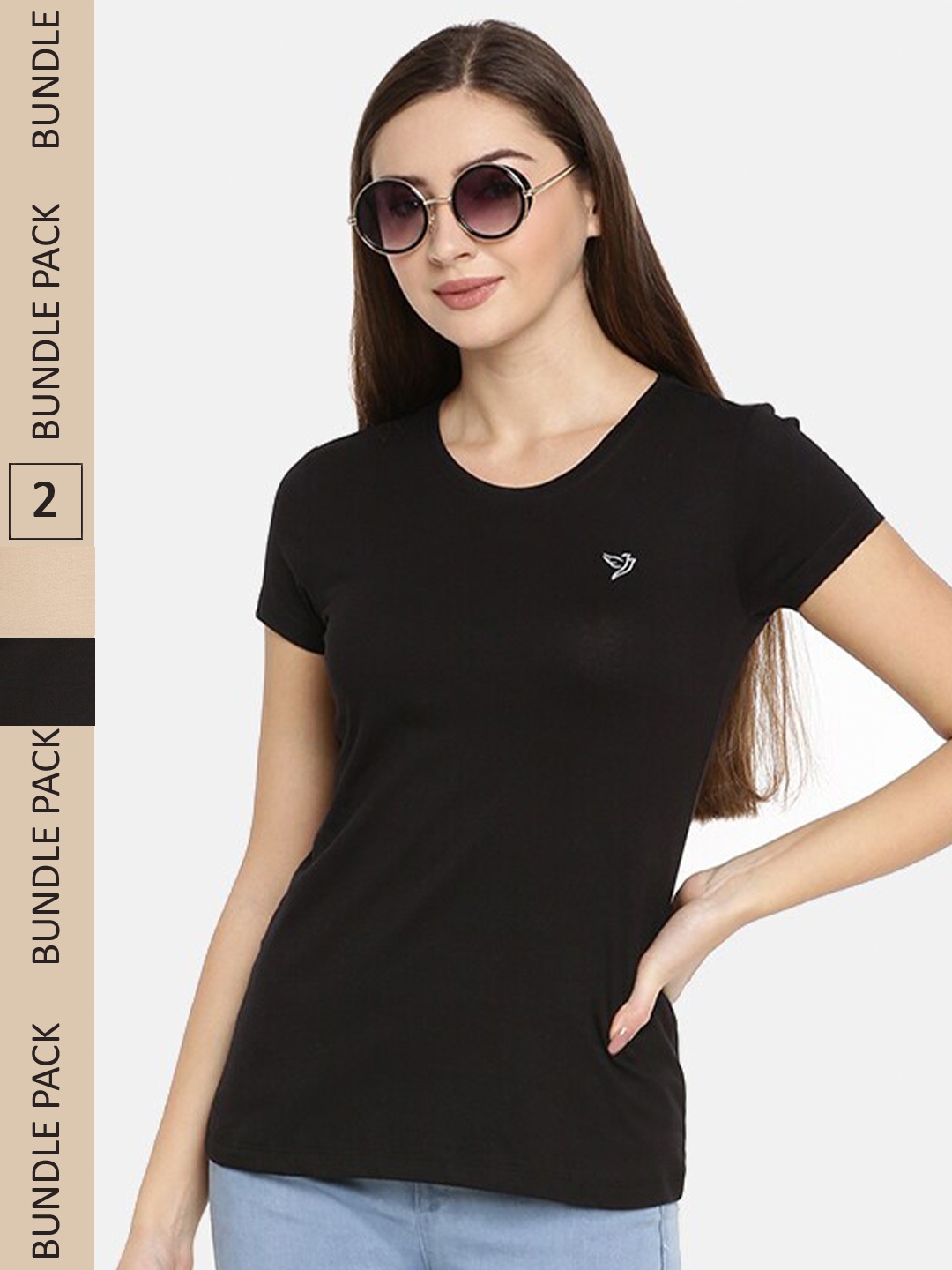 

TWIN BIRDS Women Set of 2 Black & Beige Round-Neck Pure Cotton T-shirt