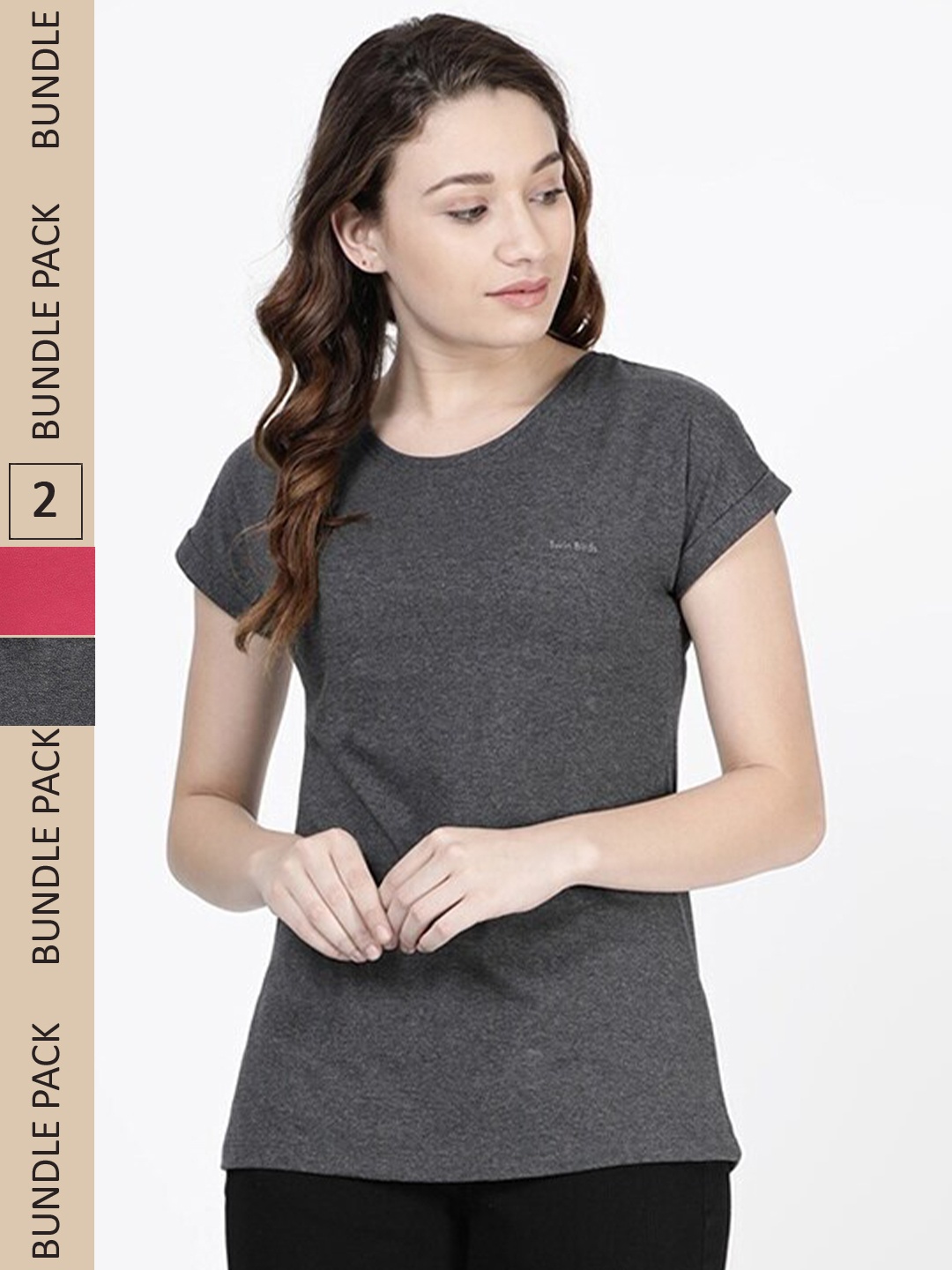 

TWIN BIRDS Women Set of 2 Red & Grey Round Neck Pure Cotton T-shirt