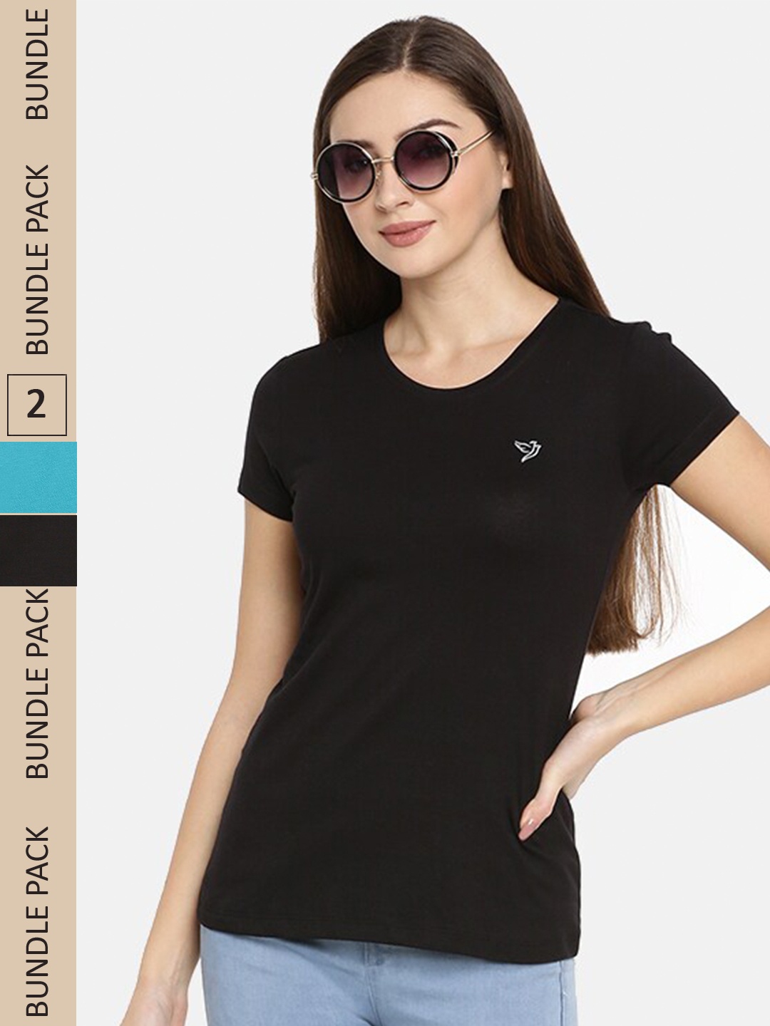 

TWIN BIRDS Women Set of Black & Blue Round Neck Pure Cotton T-shirt